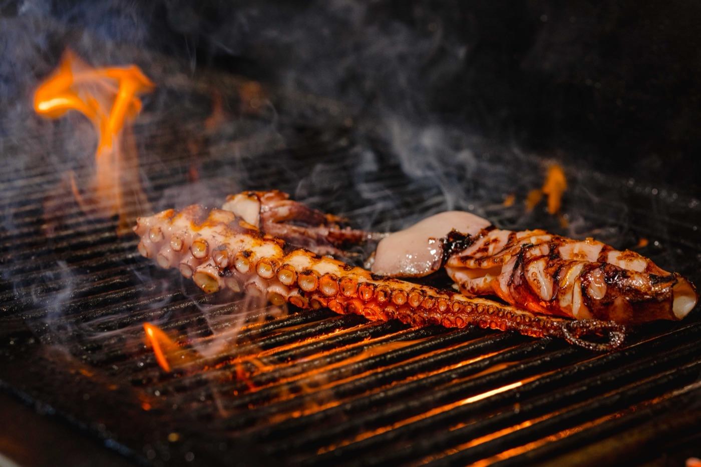 Meat and fish over fire